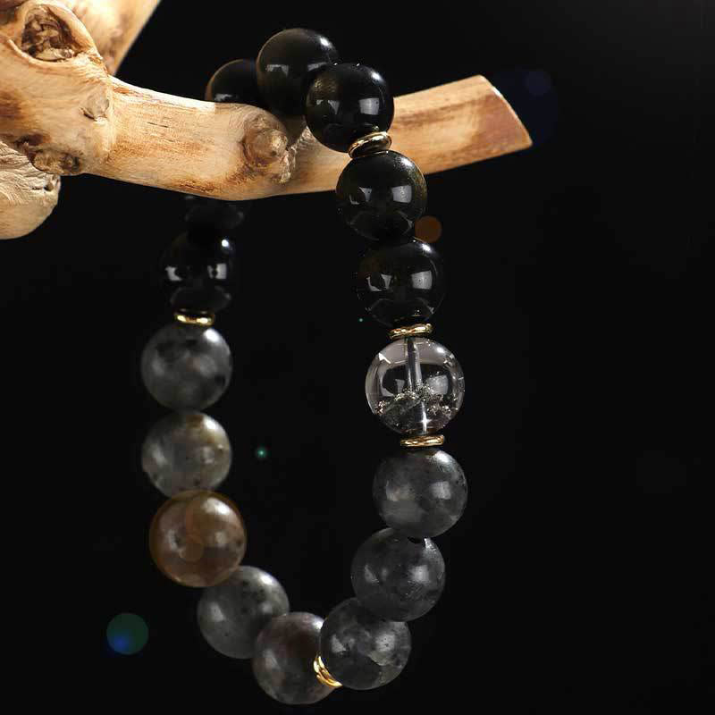 925 Sterling Silver Om Mani Padme Hum Gold Sheen Obsidian Multi-Stone Bracelet