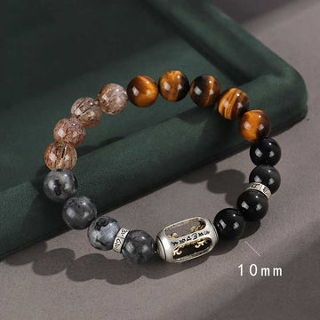 925 Sterling Silver Om Mani Padme Hum Gold Sheen Obsidian Multi-Stone Bracelet