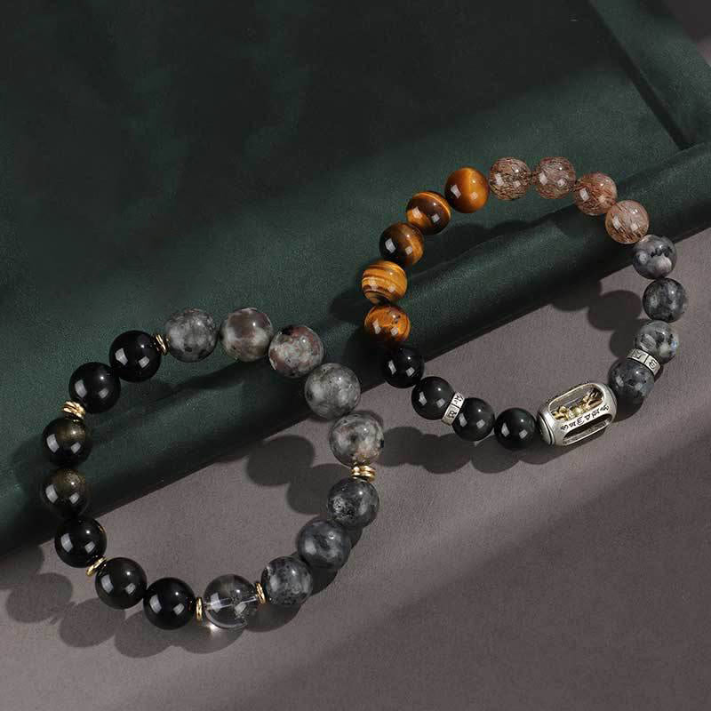 925 Sterling Silver Om Mani Padme Hum Gold Sheen Obsidian Multi-Stone Bracelet