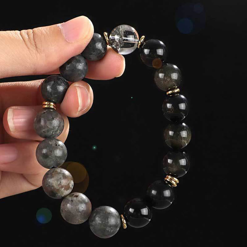 925 Sterling Silver Om Mani Padme Hum Gold Sheen Obsidian Multi-Stone Bracelet