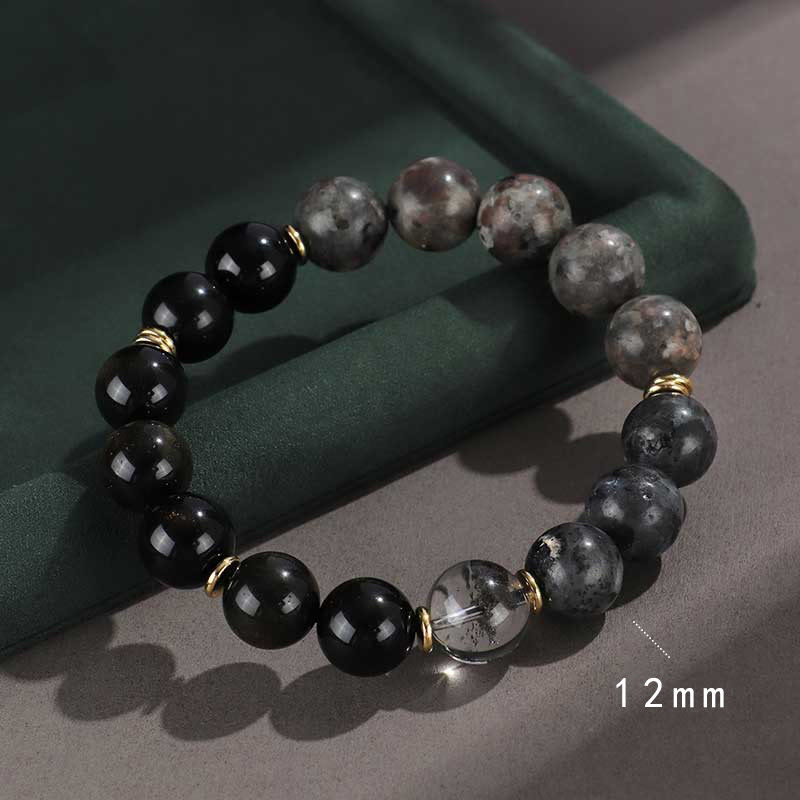 925 Sterling Silver Om Mani Padme Hum Gold Sheen Obsidian Multi-Stone Bracelet