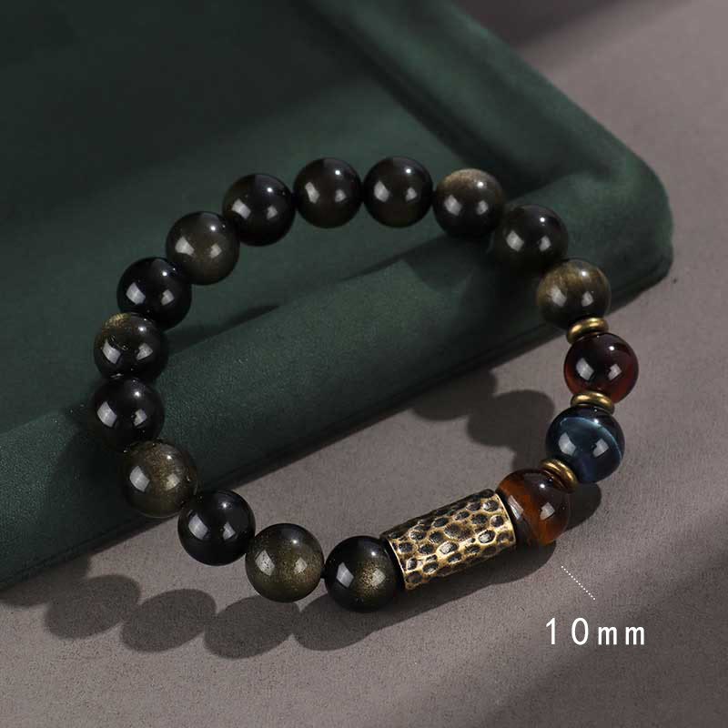 925 Sterling Silver Om Mani Padme Hum Gold Sheen Obsidian Multi-Stone Bracelet