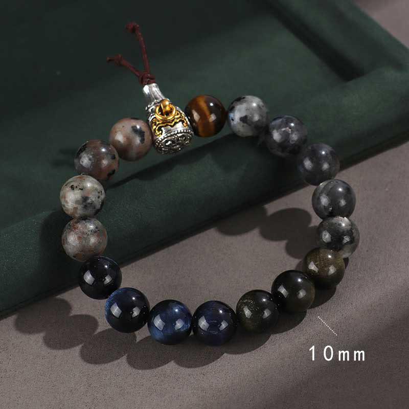925 Sterling Silver Om Mani Padme Hum Gold Sheen Obsidian Multi-Stone Bracelet