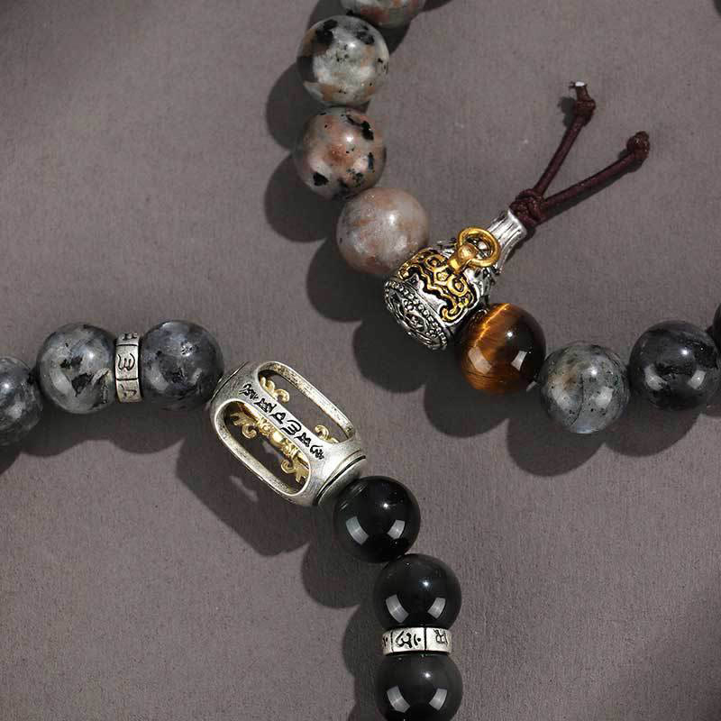 925 Sterling Silver Om Mani Padme Hum Gold Sheen Obsidian Multi-Stone Bracelet