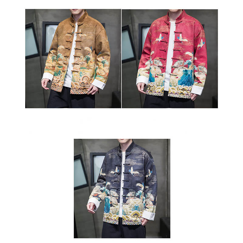Frog-Button Chinese Tang Suit Crane Character Long Shirt Cotton Suede Men Jacket Clothing