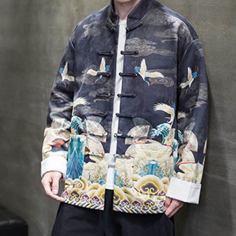Frog-Button Chinese Tang Suit Crane Character Long Shirt Cotton Suede Men Jacket Clothing