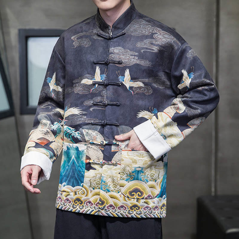 Frog-Button Chinese Tang Suit Crane Character Long Shirt Cotton Suede Men Jacket Clothing