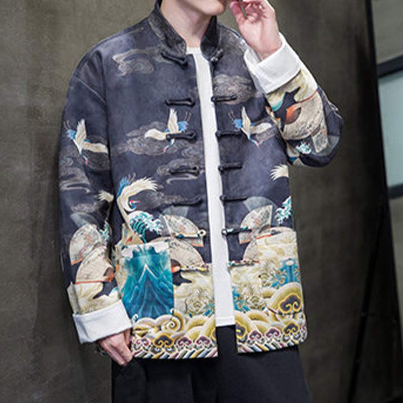 Frog-Button Chinese Tang Suit Crane Character Long Shirt Cotton Suede Men Jacket Clothing