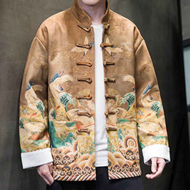 Frog-Button Chinese Tang Suit Crane Character Long Shirt Cotton Suede Men Jacket Clothing