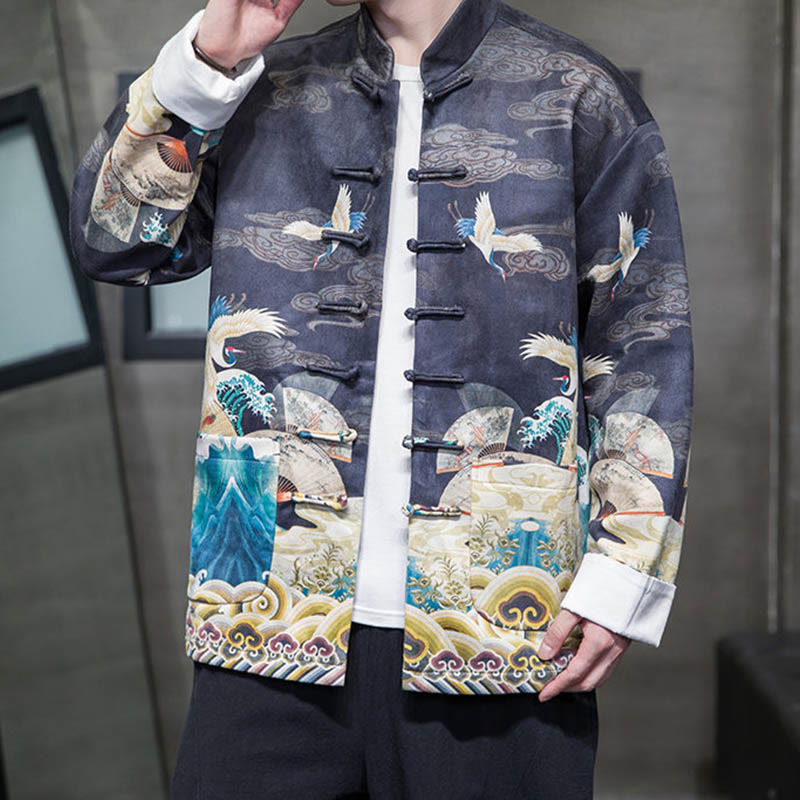 Frog-Button Chinese Tang Suit Crane Character Long Shirt Cotton Suede Men Jacket Clothing