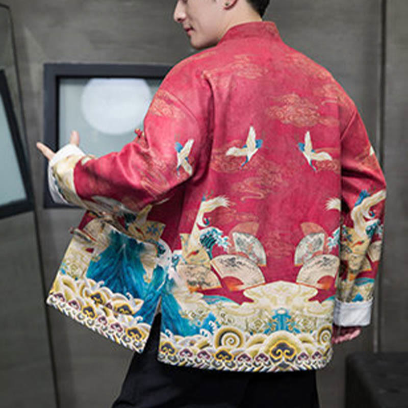 Frog-Button Chinese Tang Suit Crane Character Long Shirt Cotton Suede Men Jacket Clothing