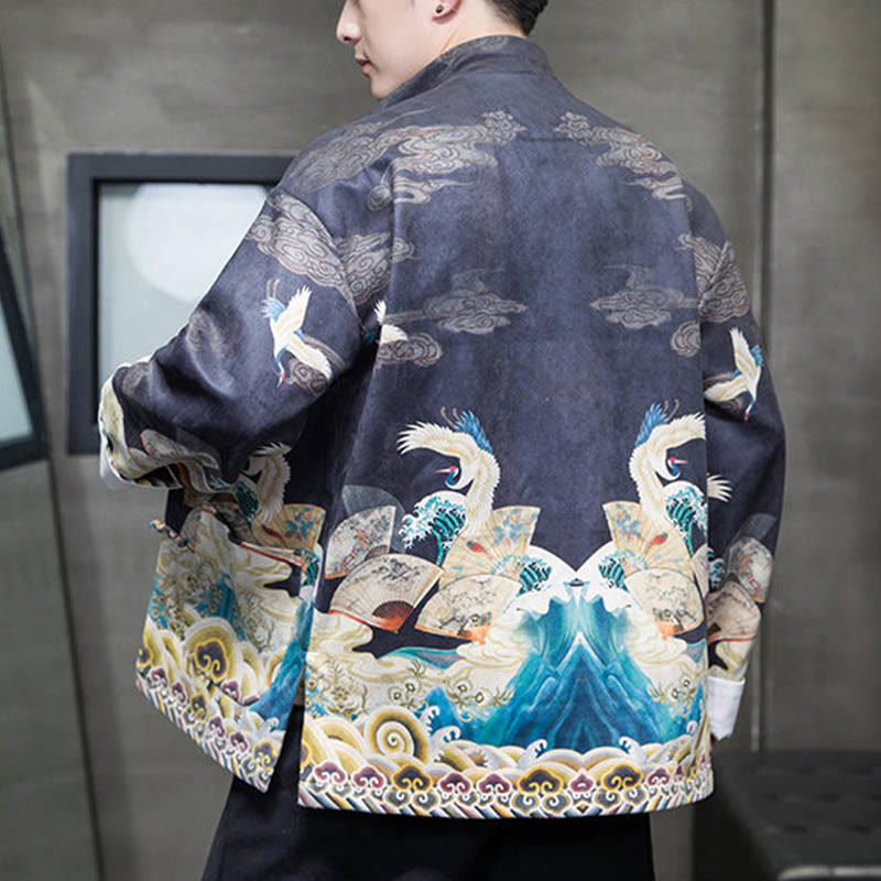 Frog-Button Chinese Tang Suit Crane Character Long Shirt Cotton Suede Men Jacket Clothing