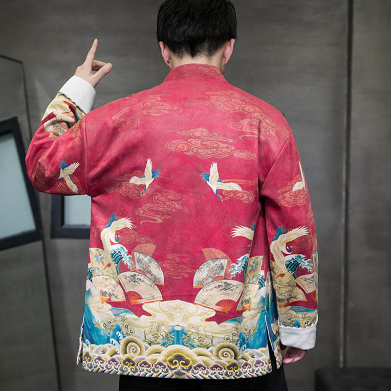 Frog-Button Chinese Tang Suit Crane Character Long Shirt Cotton Suede Men Jacket Clothing
