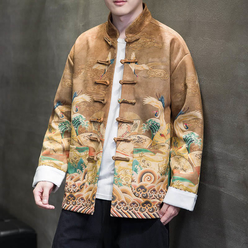 Frog-Button Chinese Tang Suit Crane Character Long Shirt Cotton Suede Men Jacket Clothing
