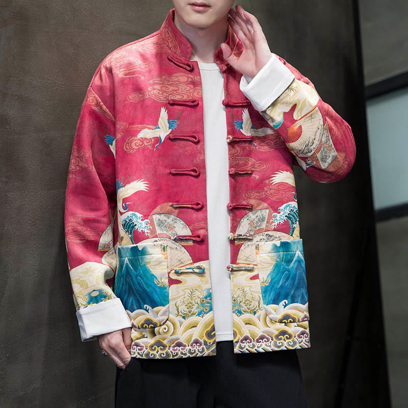 Frog-Button Chinese Tang Suit Crane Character Long Shirt Cotton Suede Men Jacket Clothing