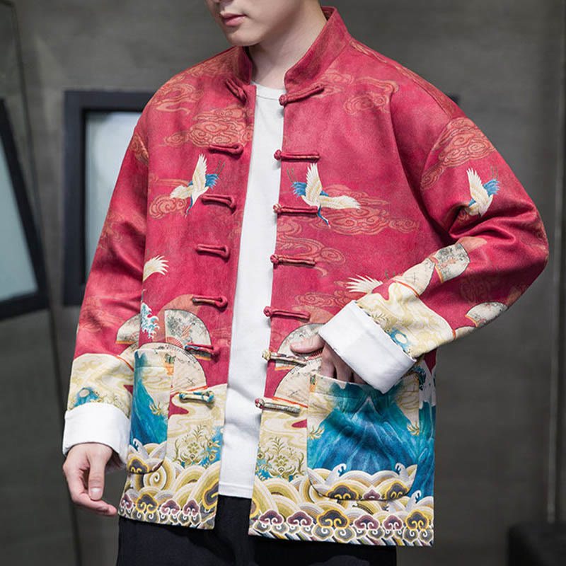 Frog-Button Chinese Tang Suit Crane Character Long Shirt Cotton Suede Men Jacket Clothing