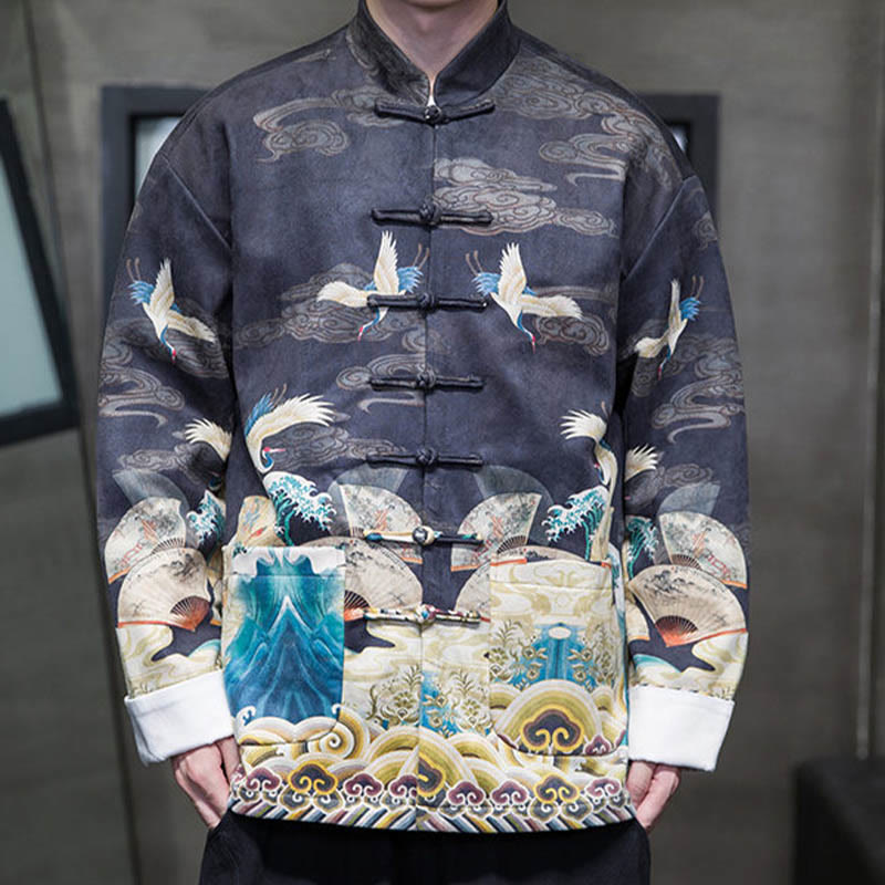 Frog-Button Chinese Tang Suit Crane Character Long Shirt Cotton Suede Men Jacket Clothing