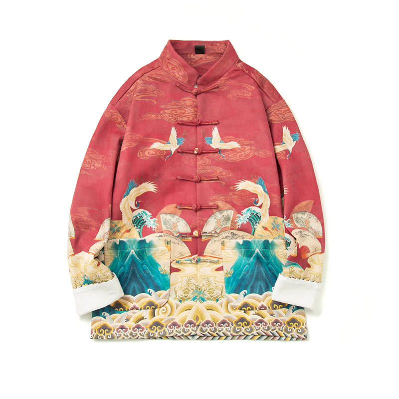 Frog-Button Chinese Tang Suit Crane Character Long Shirt Cotton Suede Men Jacket Clothing