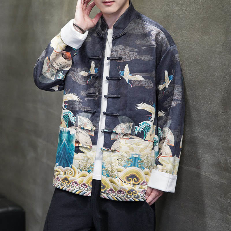 Frog-Button Chinese Tang Suit Crane Character Long Shirt Cotton Suede Men Jacket Clothing