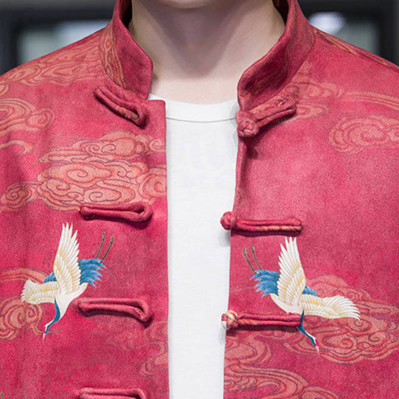 Frog-Button Chinese Tang Suit Crane Character Long Shirt Cotton Suede Men Jacket Clothing