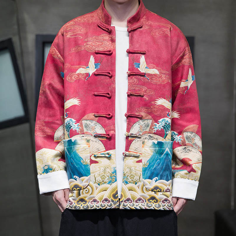 Frog-Button Chinese Tang Suit Crane Character Long Shirt Cotton Suede Men Jacket Clothing