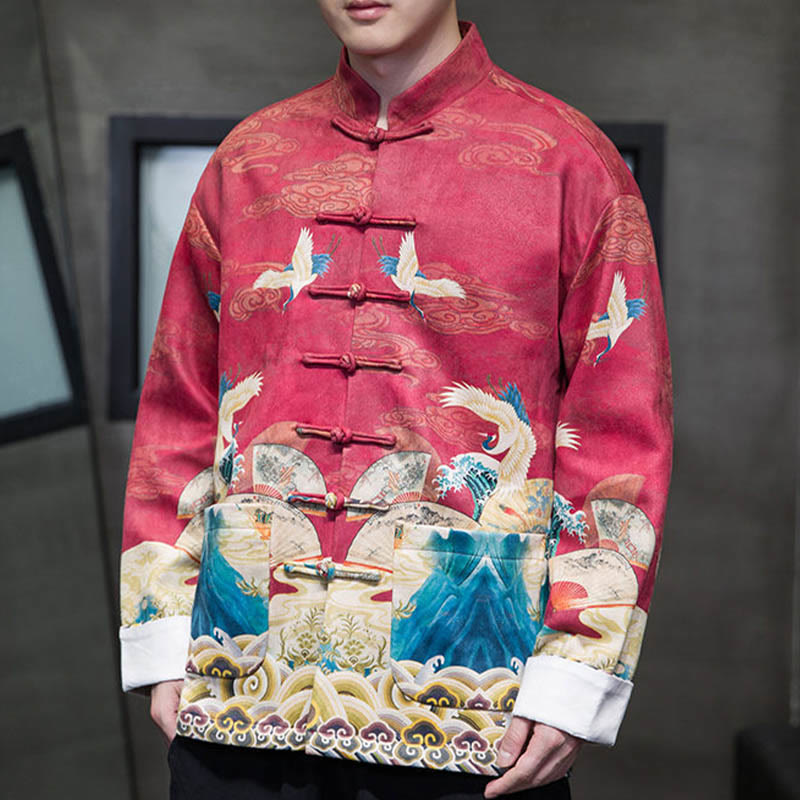Frog-Button Chinese Tang Suit Crane Character Long Shirt Cotton Suede Men Jacket Clothing