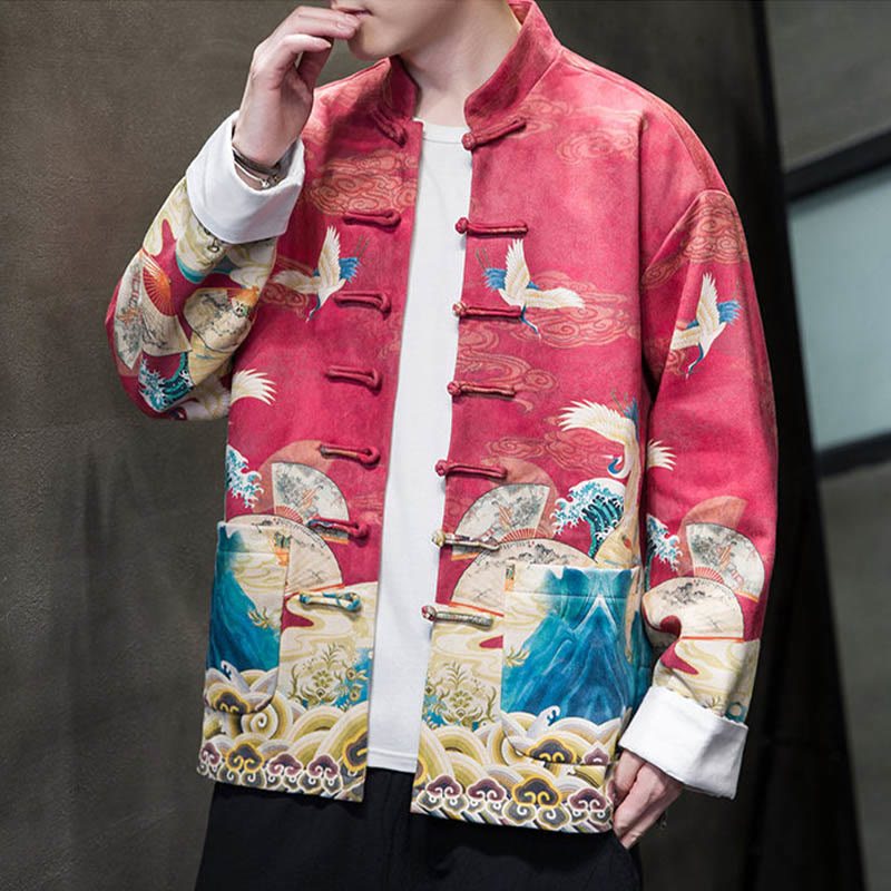 Frog-Button Chinese Tang Suit Crane Character Long Shirt Cotton Suede Men Jacket Clothing