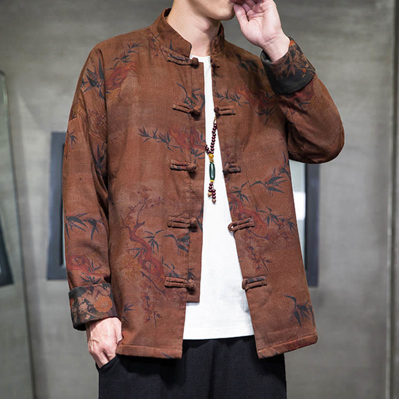 Frog-Button Chinese Tang Suit Long Shirt Cotton Men Jacket Clothing