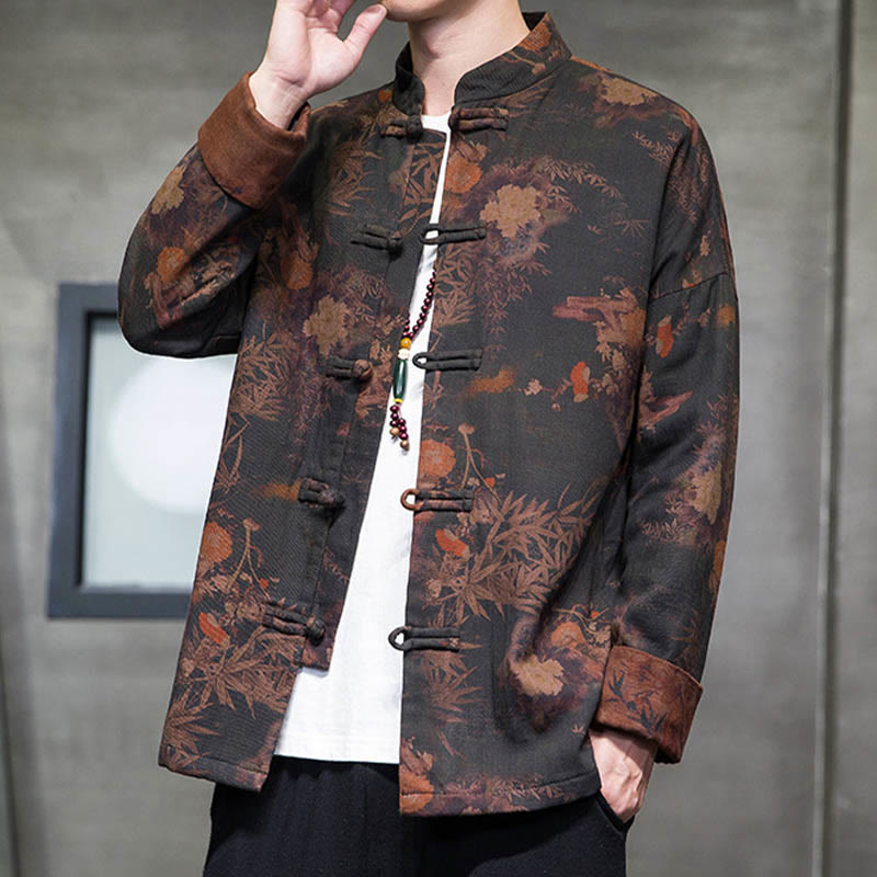 Frog-Button Chinese Tang Suit Long Shirt Cotton Men Jacket Clothing