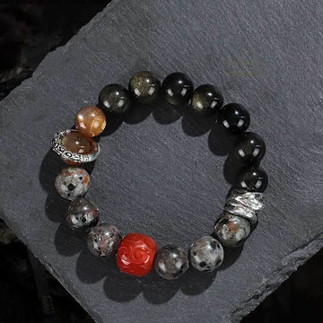 Natural Gold Sheen Obsidian, Red Agate and Volcanic Lava Stone Beaded Bracelet
