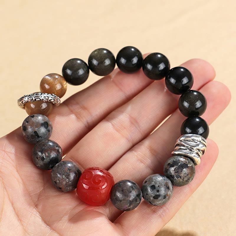 Natural Gold Sheen Obsidian, Red Agate and Volcanic Lava Stone Beaded Bracelet