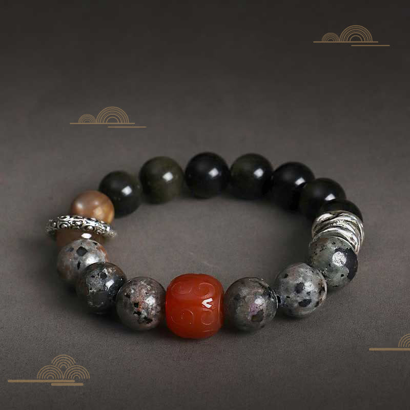 Natural Gold Sheen Obsidian, Red Agate and Volcanic Lava Stone Beaded Bracelet