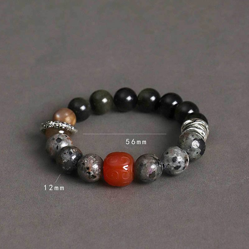 Natural Gold Sheen Obsidian, Red Agate and Volcanic Lava Stone Beaded Bracelet