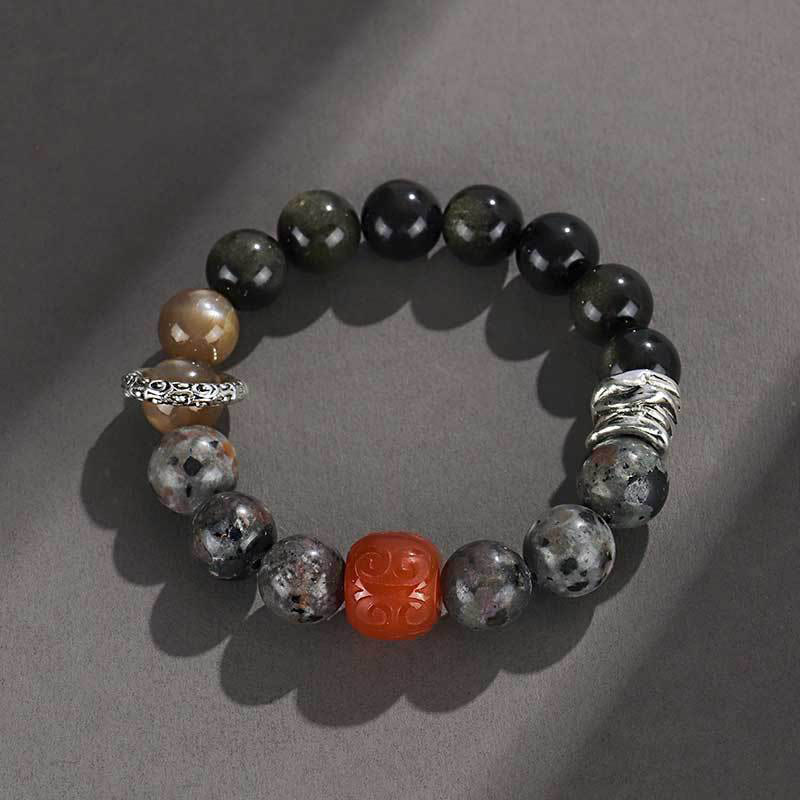 Natural Gold Sheen Obsidian, Red Agate and Volcanic Lava Stone Beaded Bracelet