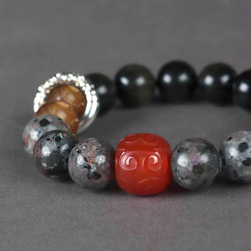 Natural Gold Sheen Obsidian, Red Agate and Volcanic Lava Stone Beaded Bracelet