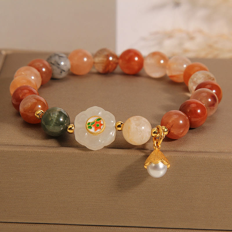 Natural Fu Lu Shou Crystal Hetian White Jade Pearl Luck Bracelet