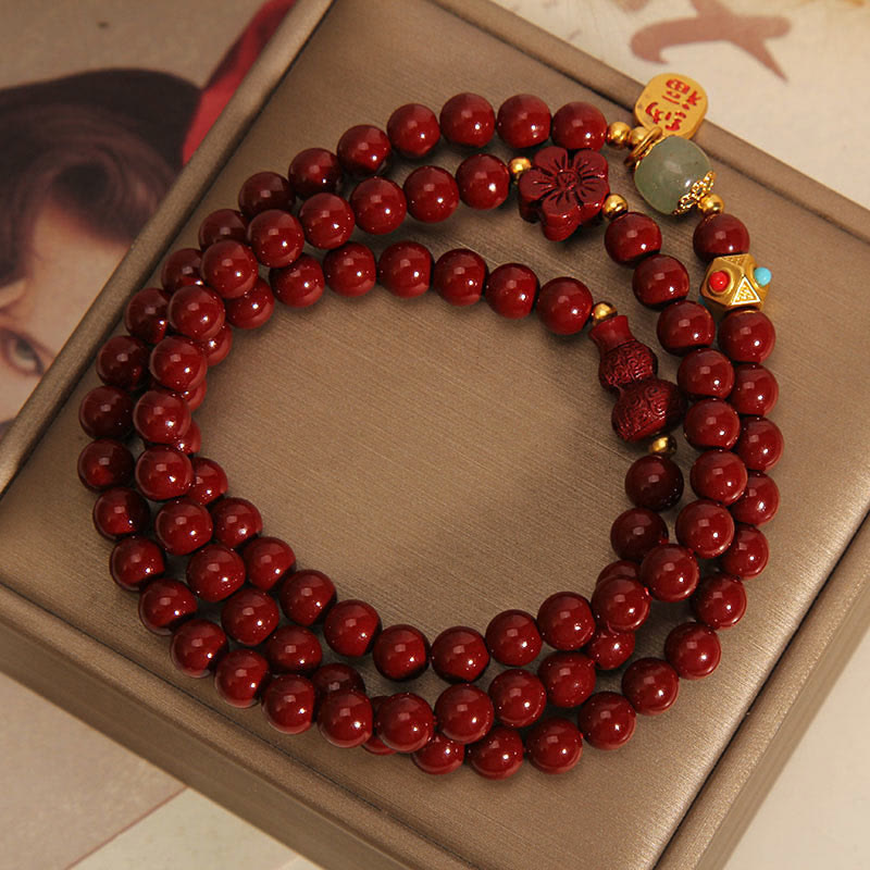Cinnabar Fu Character Flower Gourd Triple Wrap Blessing Bracelet