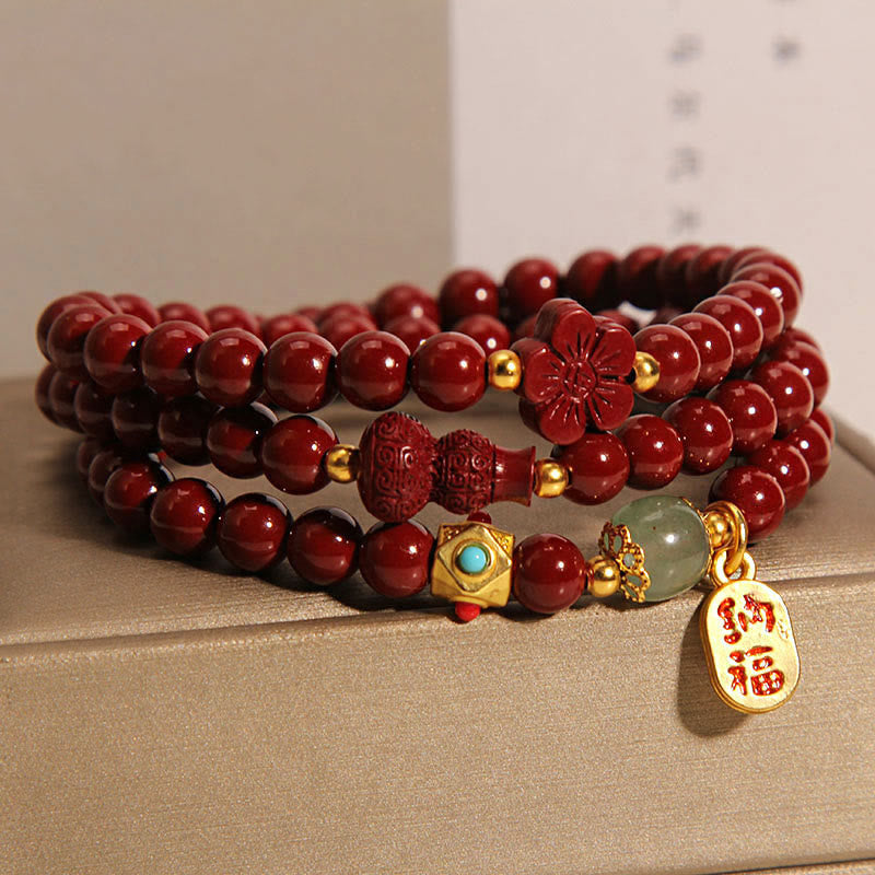 Cinnabar Fu Character Flower Gourd Triple Wrap Blessing Bracelet