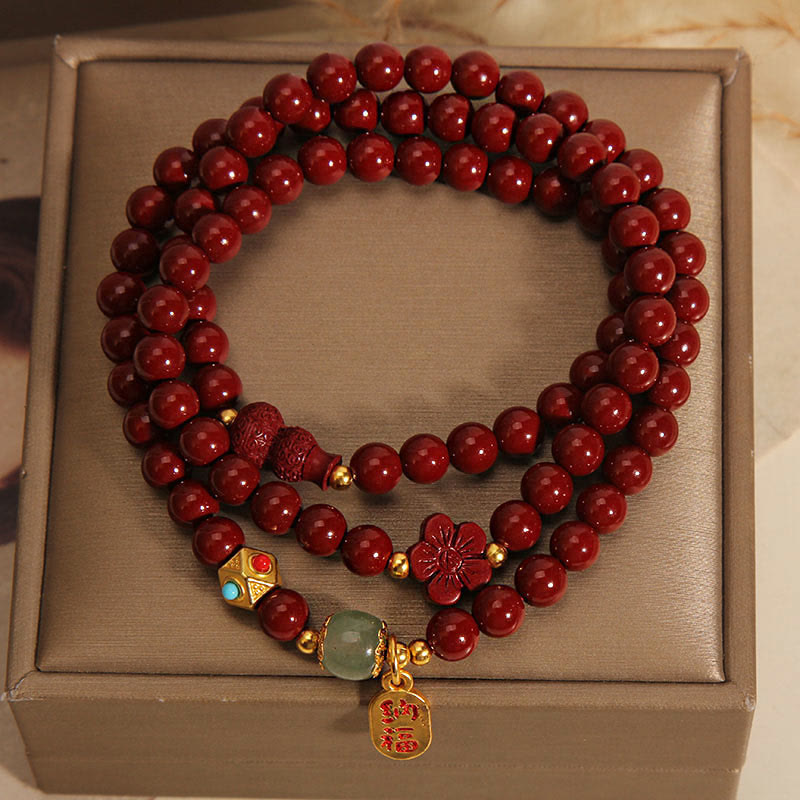 Cinnabar Fu Character Flower Gourd Triple Wrap Blessing Bracelet