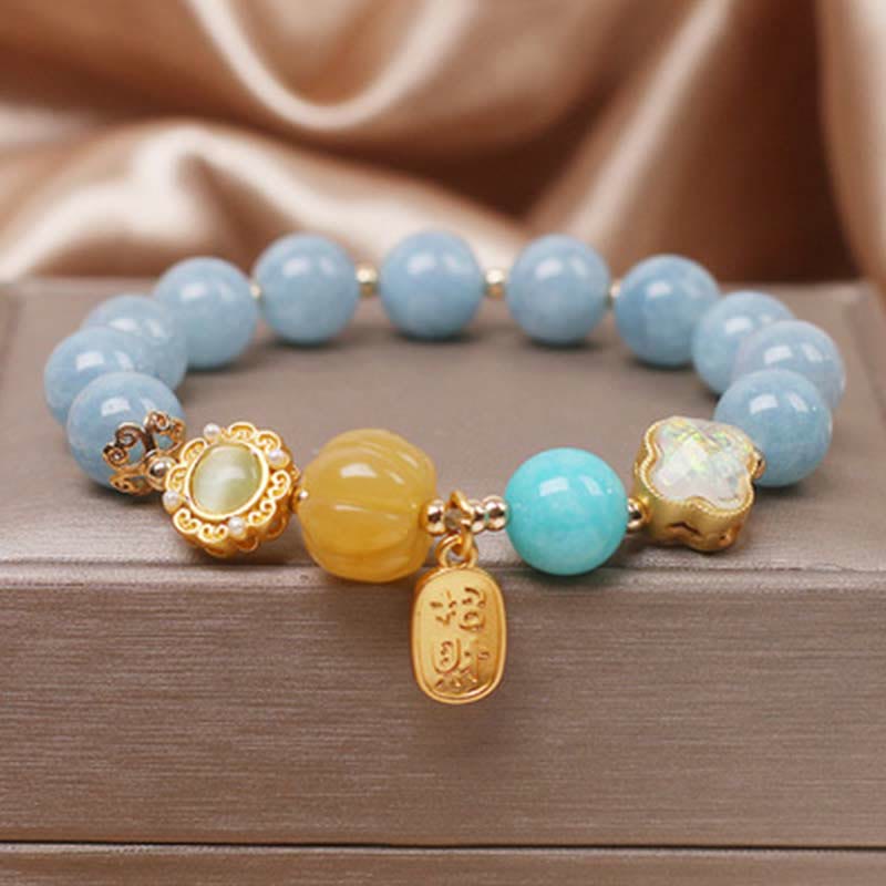 Aquamarine and Pearl Beaded Bracelet with Carved Yellow Pumpkin Stone