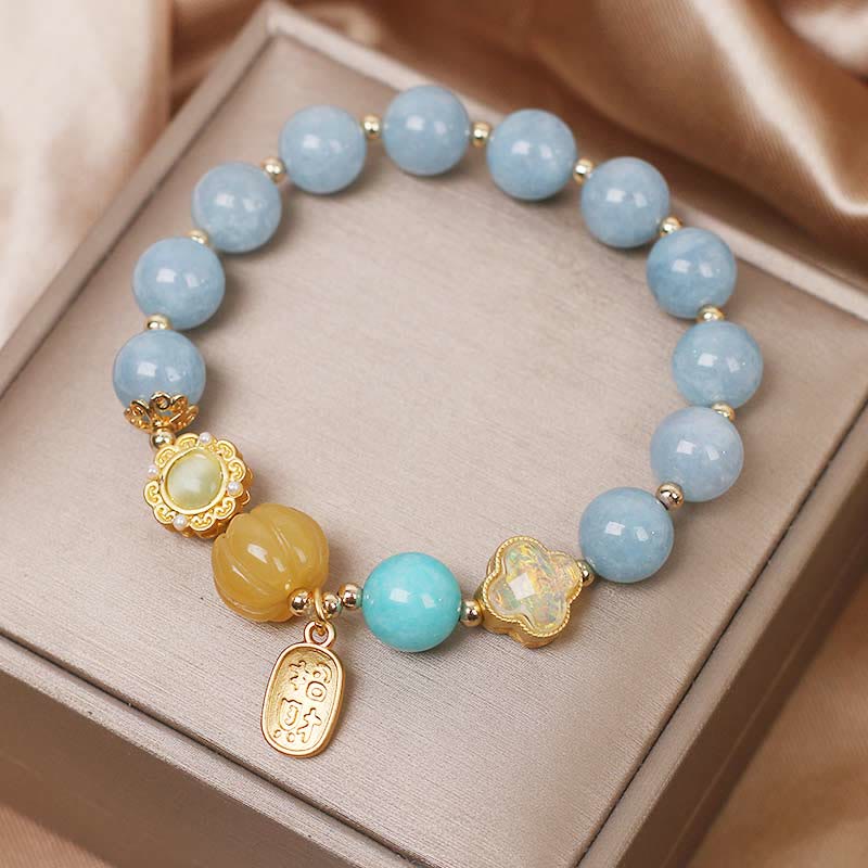 Aquamarine and Pearl Beaded Bracelet with Carved Yellow Pumpkin Stone