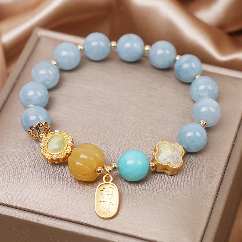 Aquamarine and Pearl Beaded Bracelet with Carved Yellow Pumpkin Stone
