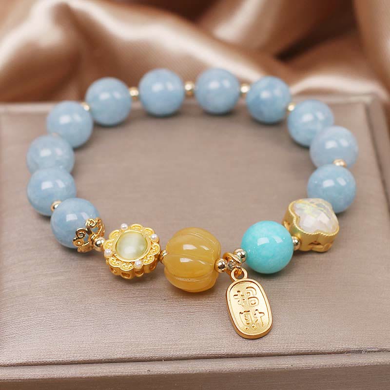 Aquamarine and Pearl Beaded Bracelet with Carved Yellow Pumpkin Stone