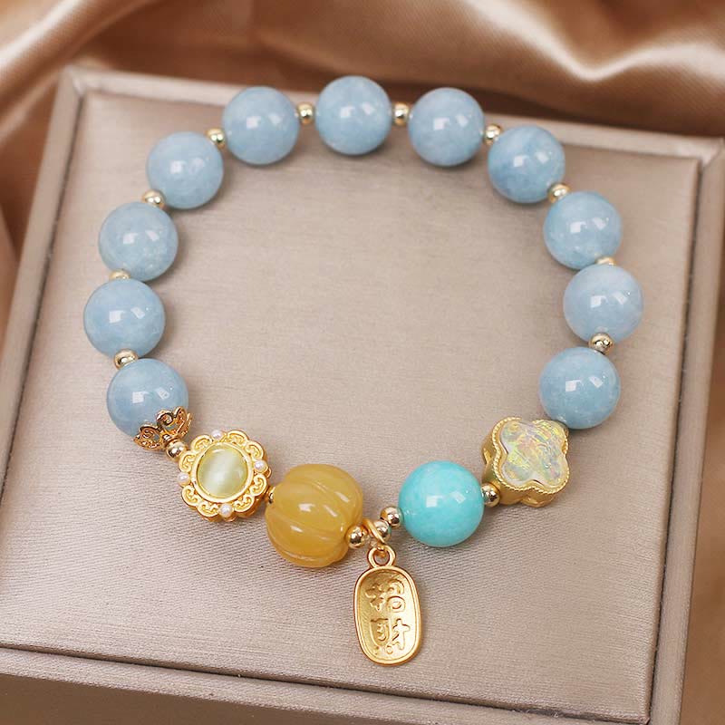 Aquamarine and Pearl Beaded Bracelet with Carved Yellow Pumpkin Stone