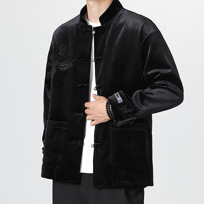 Embroider Dragon Casual Frog-button Cotton Men's Jacket Shirt Clothing