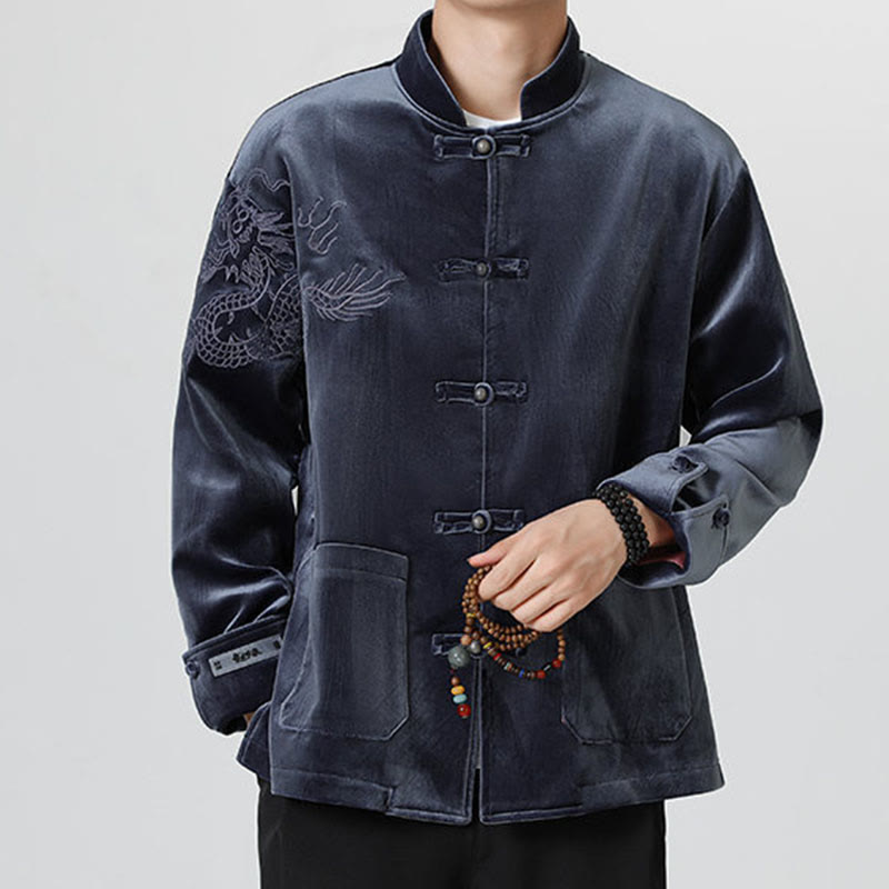 Embroider Dragon Casual Frog-button Cotton Men's Jacket Shirt Clothing