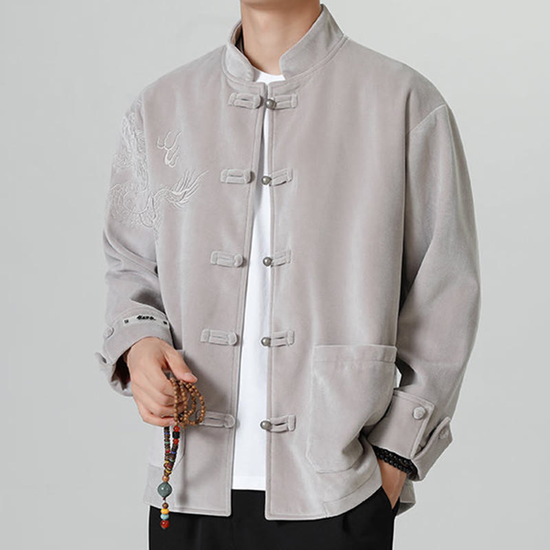 Embroider Dragon Casual Frog-button Cotton Men's Jacket Shirt Clothing