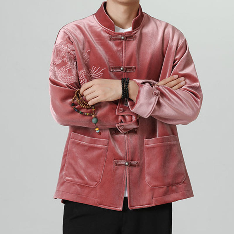 Embroider Dragon Casual Frog-button Cotton Men's Jacket Shirt Clothing