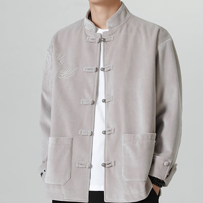 Embroider Dragon Casual Frog-button Cotton Men's Jacket Shirt Clothing