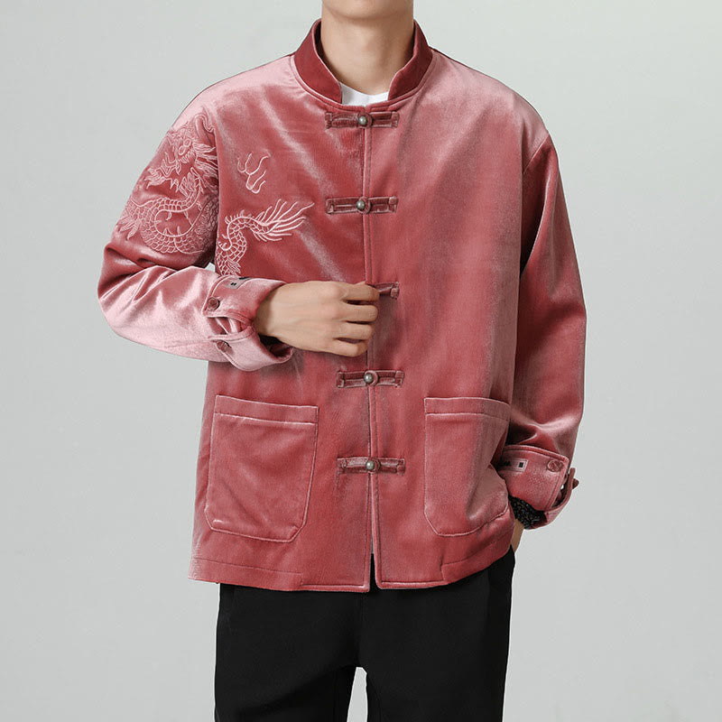 Embroider Dragon Casual Frog-button Cotton Men's Jacket Shirt Clothing